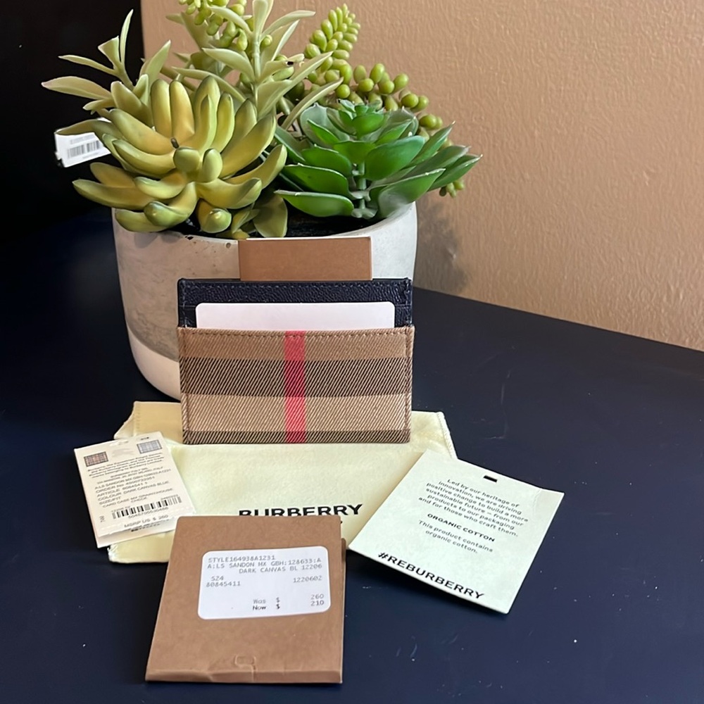 Burberry Beige Tan Check Card Holder with Red Stripe